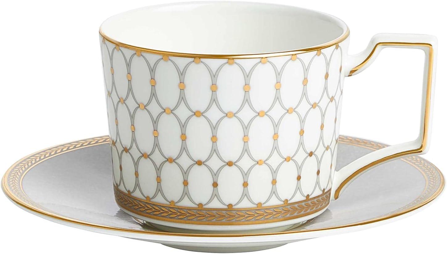 White and Gold Geometric Fine Bone China Teacup and Saucer