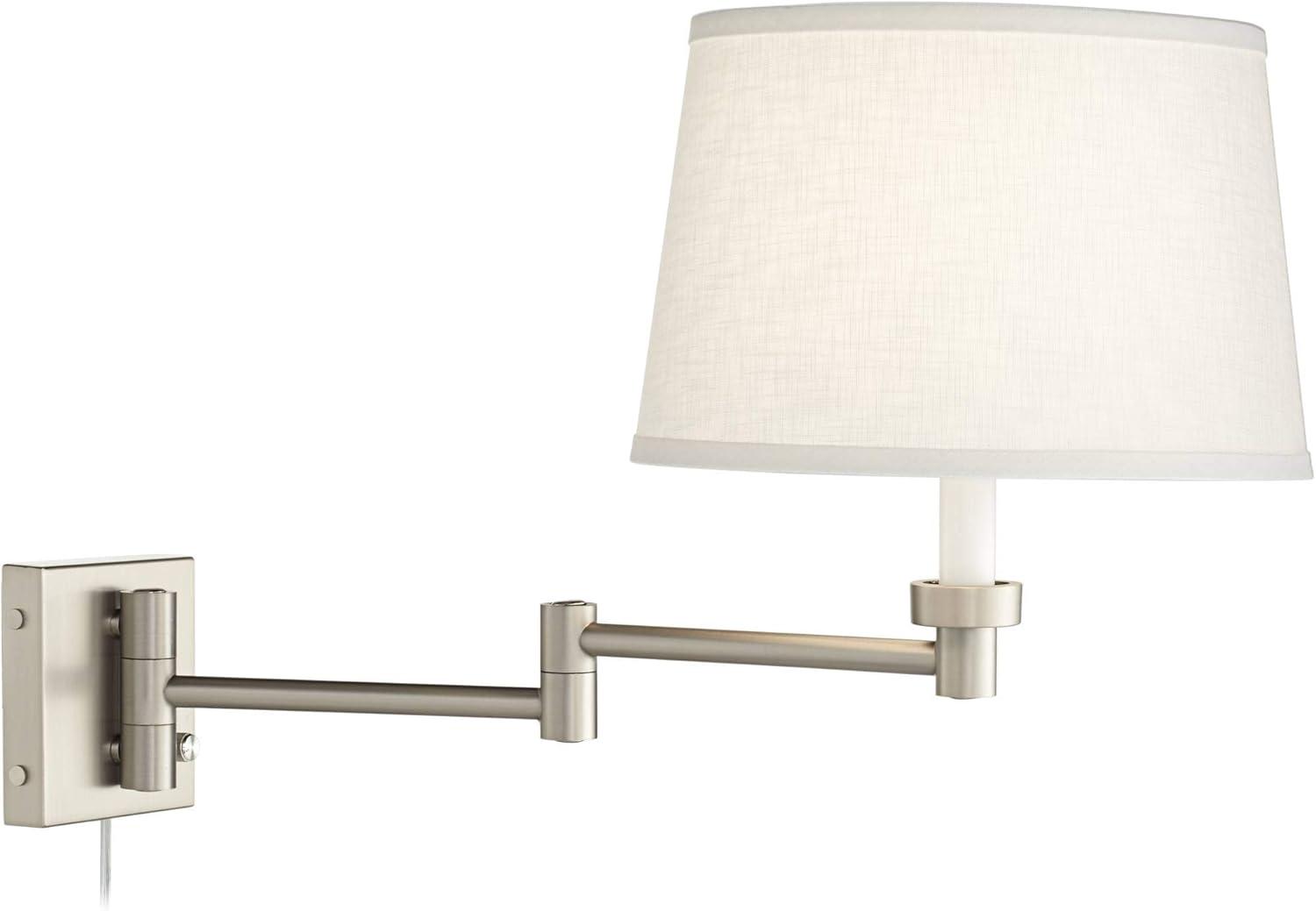 Possini Euro Design Modern Swing Arm Wall Lamps Set of 2 Brushed Nickel Plug-In Light Fixture White Drum Shade for Bedroom Bedside