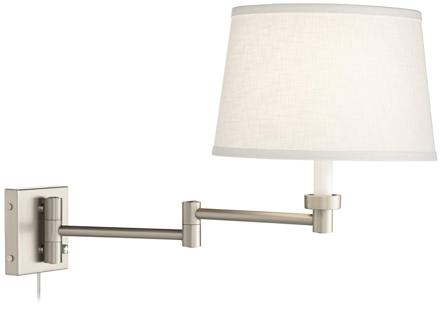 Possini Euro Design Modern Swing Arm Wall Lamps Set of 2 Brushed Nickel Plug-In Light Fixture White Drum Shade for Bedroom Bedside