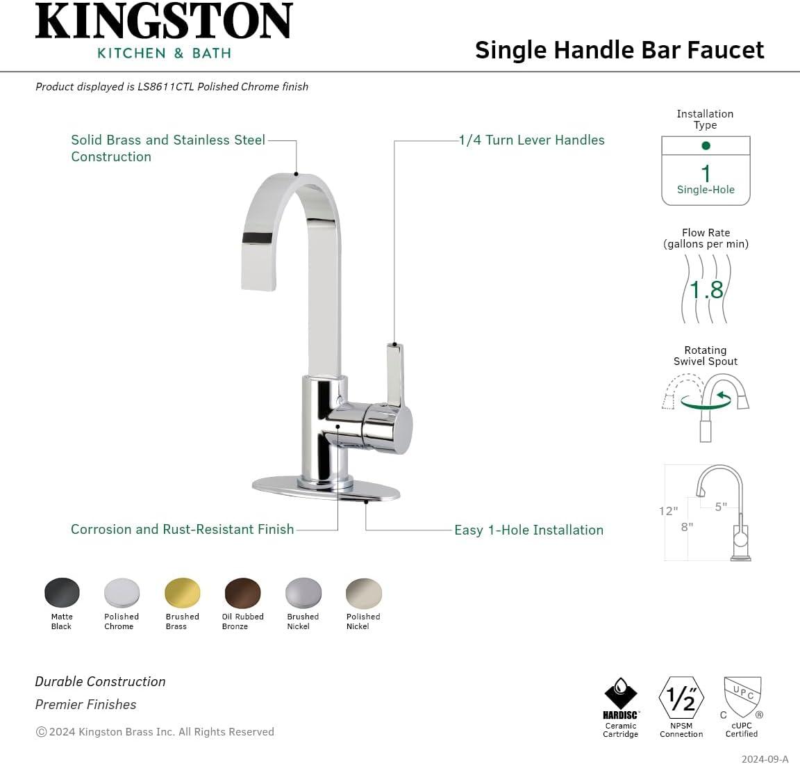 Kingston Brass Continental Single-Handle 1-Hole Deck Mount Bar Faucet