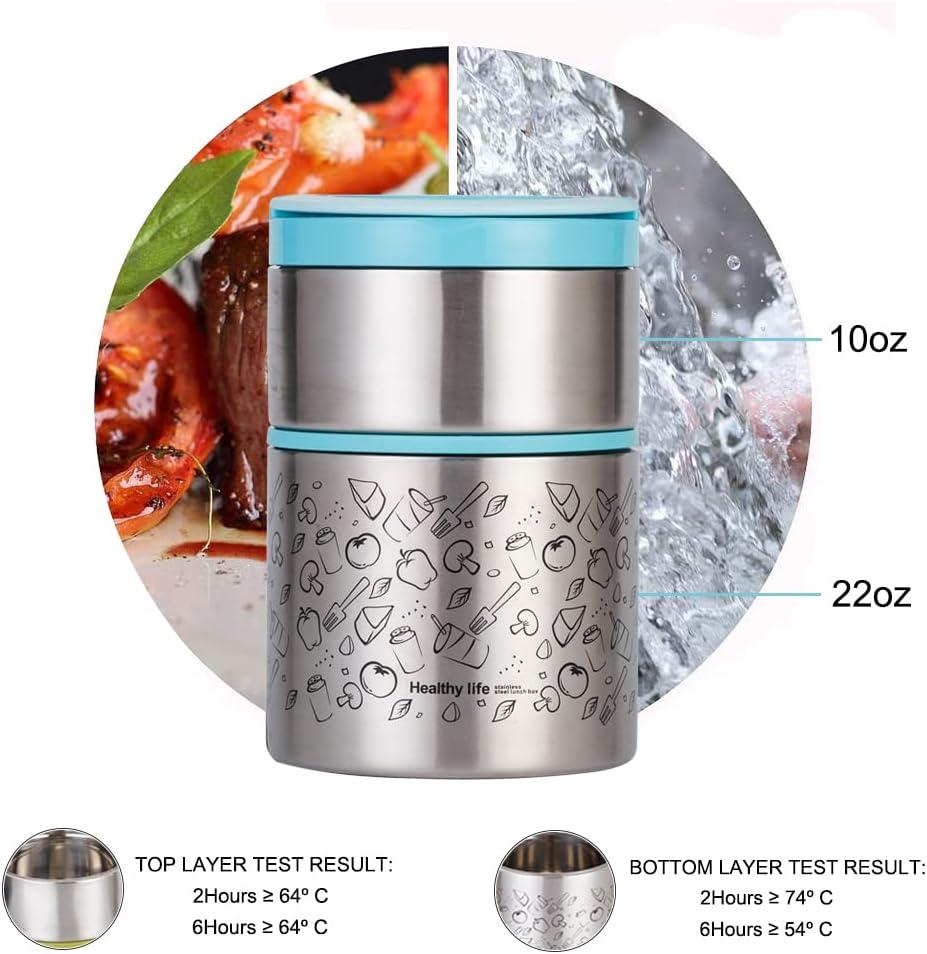 Lille Home Vacuum Insulated Stackable Stainless Steel Thermal Lunch/Snack box, 2-Tier Bento/Food Container with Lunch bag, Smart Diet, Weight Control, 32 Ounces, Blue