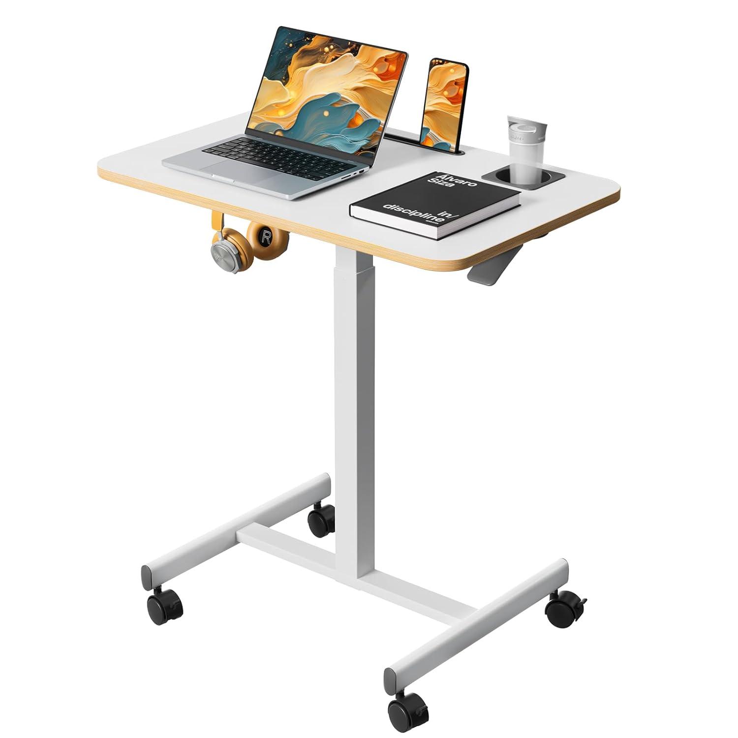 Mobile Standing Desk, Rolling Laptop Cart Adjustable Height with Cup Holder, 28 inch Portable Table with 4 Lockable Wheels, White Computer Workstation with Hook and Slots for Home Office