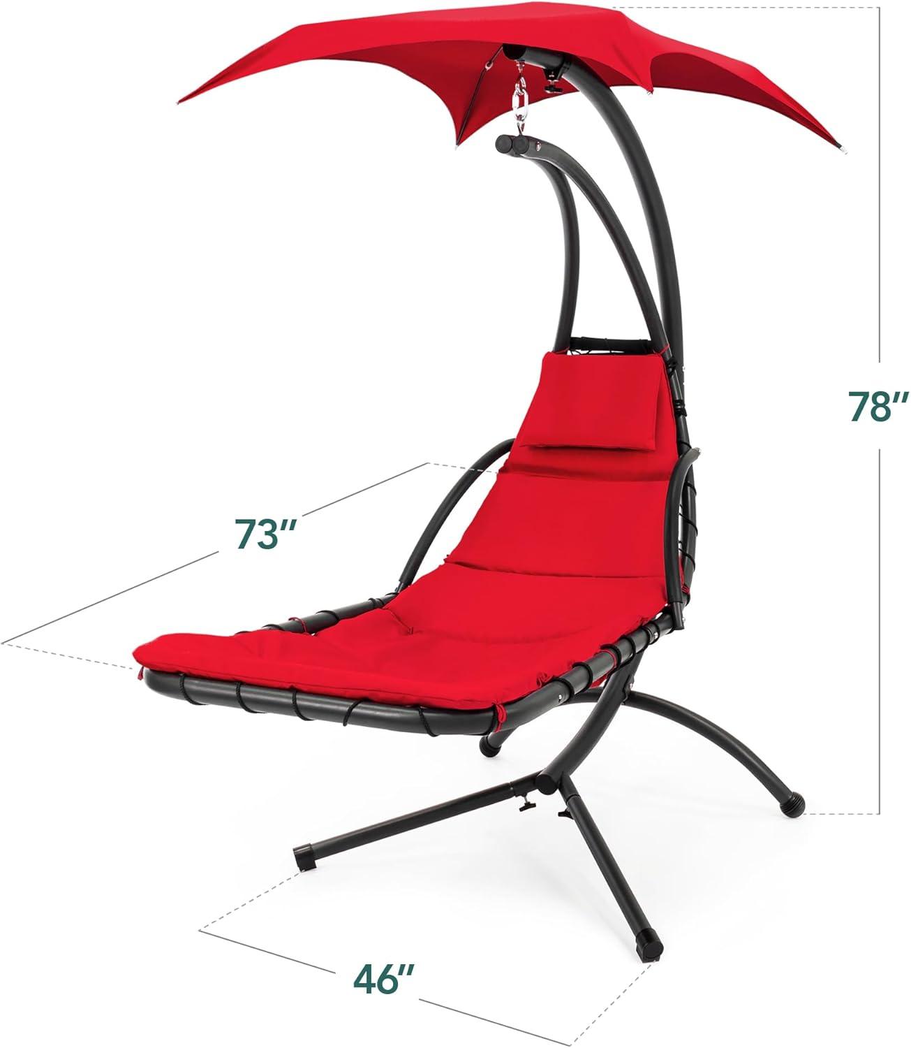 Best Choice Products Hanging LED-Lit Curved Chaise Lounge Chair for Backyard, Patio w/ Pillow, Canopy, Stand - Red