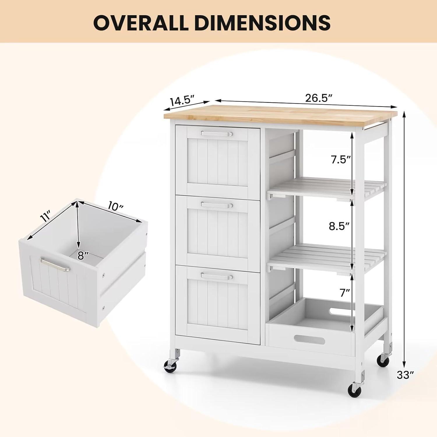 Kitchen Storage Island Cart on Wheels, Kitchen Rolling Trolley Cart with 3 Drawers and Shelves, 360° Wheels & Detachable Tray, Kitchen Island for Dining Room, Living Room & Bedroom