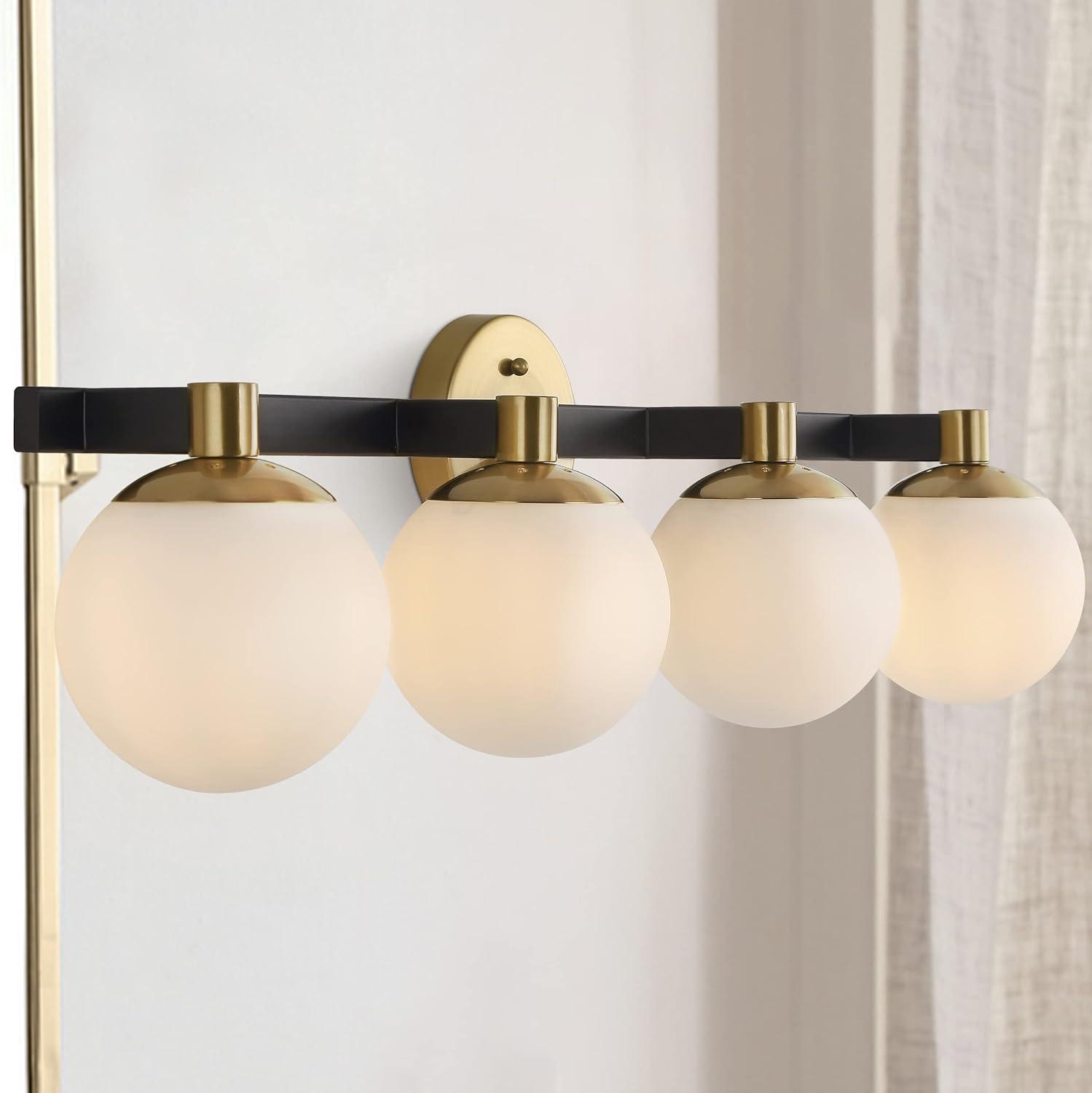 Modernist Globe 34" 4-Light Metal/Frosted Glass Modern Contemporary LED Vanity, Brass Gold/Black