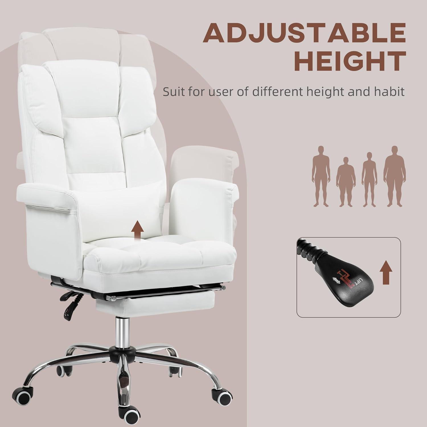 HOMCOM Executive Office Chair with Footrest and Lumbar Support, PU Leather Office Desk Chair, Ergonomic, Reclining and Swivel Chair, White