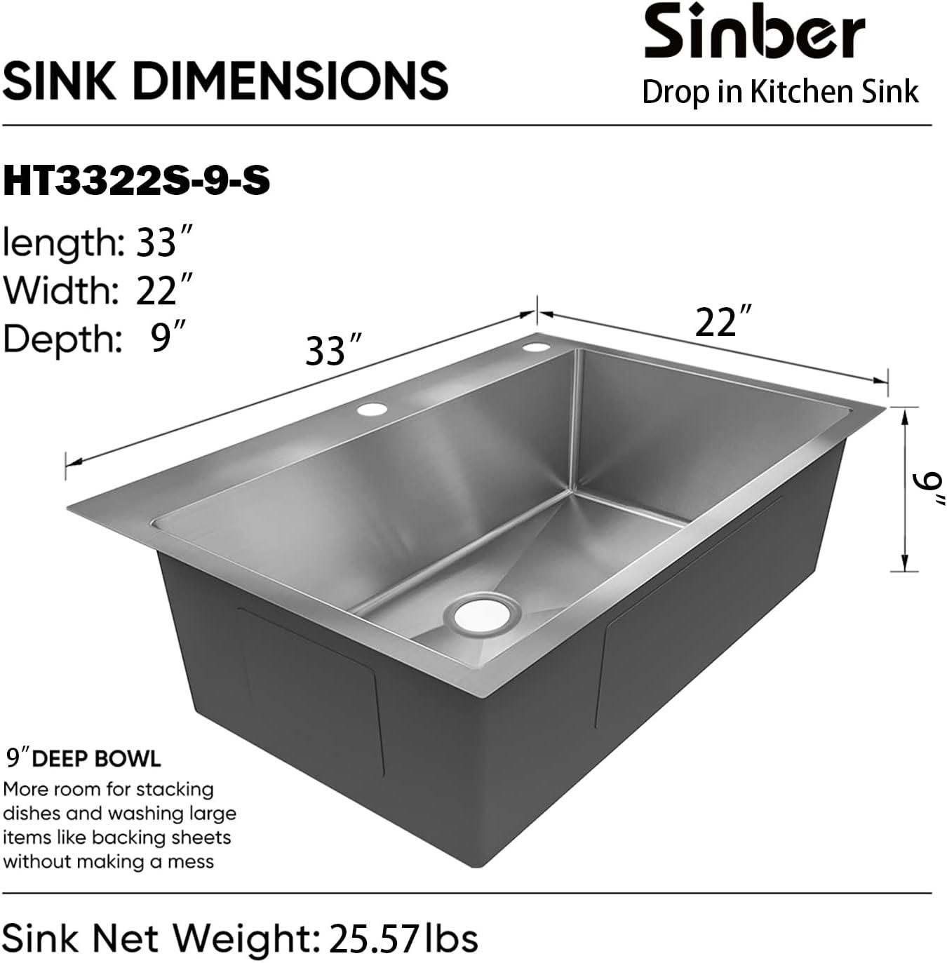 Sinber 33" x 22" Drop In Single Bowl Kitchen Sink with 18 Gauge 304 Stainless Steel Finish