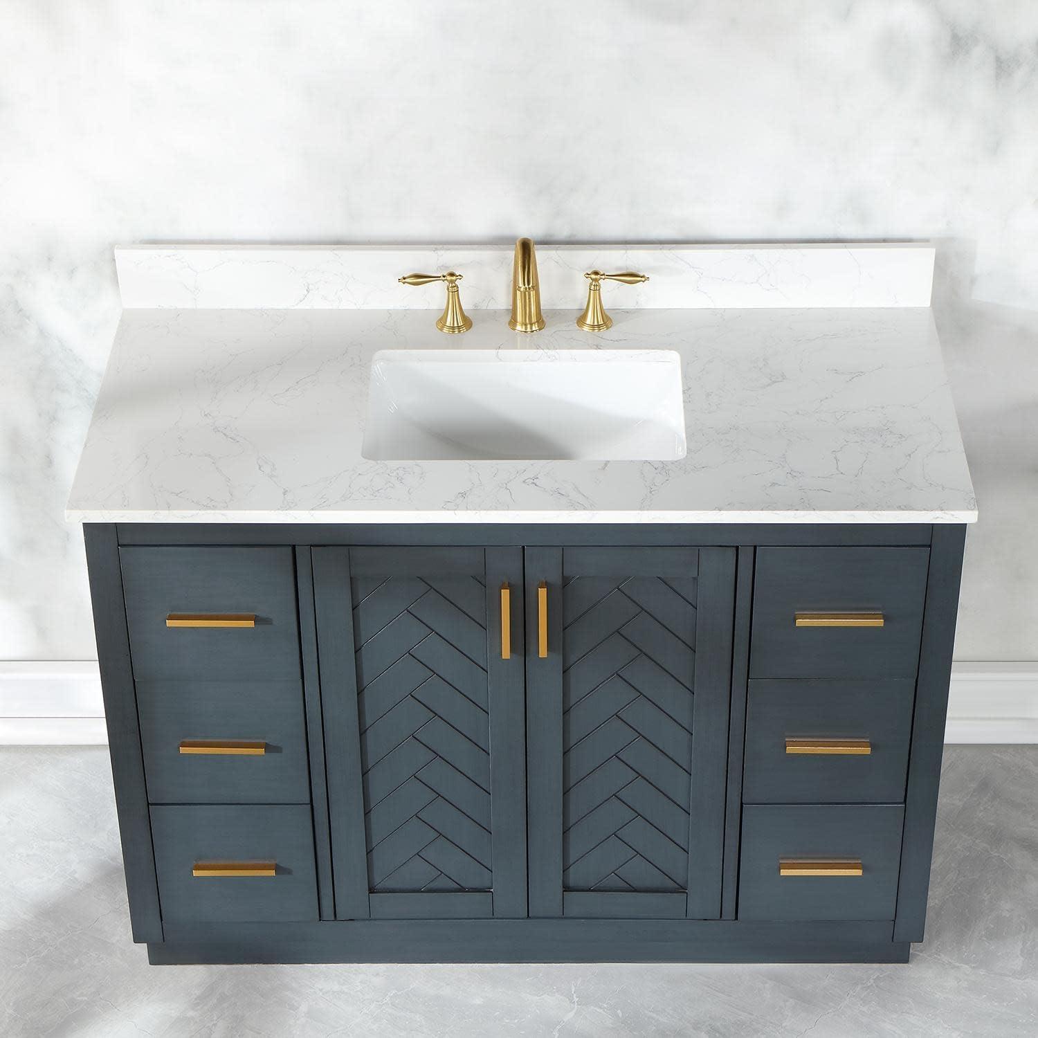 Gazsi 48" Single Bathroom Vanity Set in Brown Oak with Grain White Composite Stone Countertop without Mirror