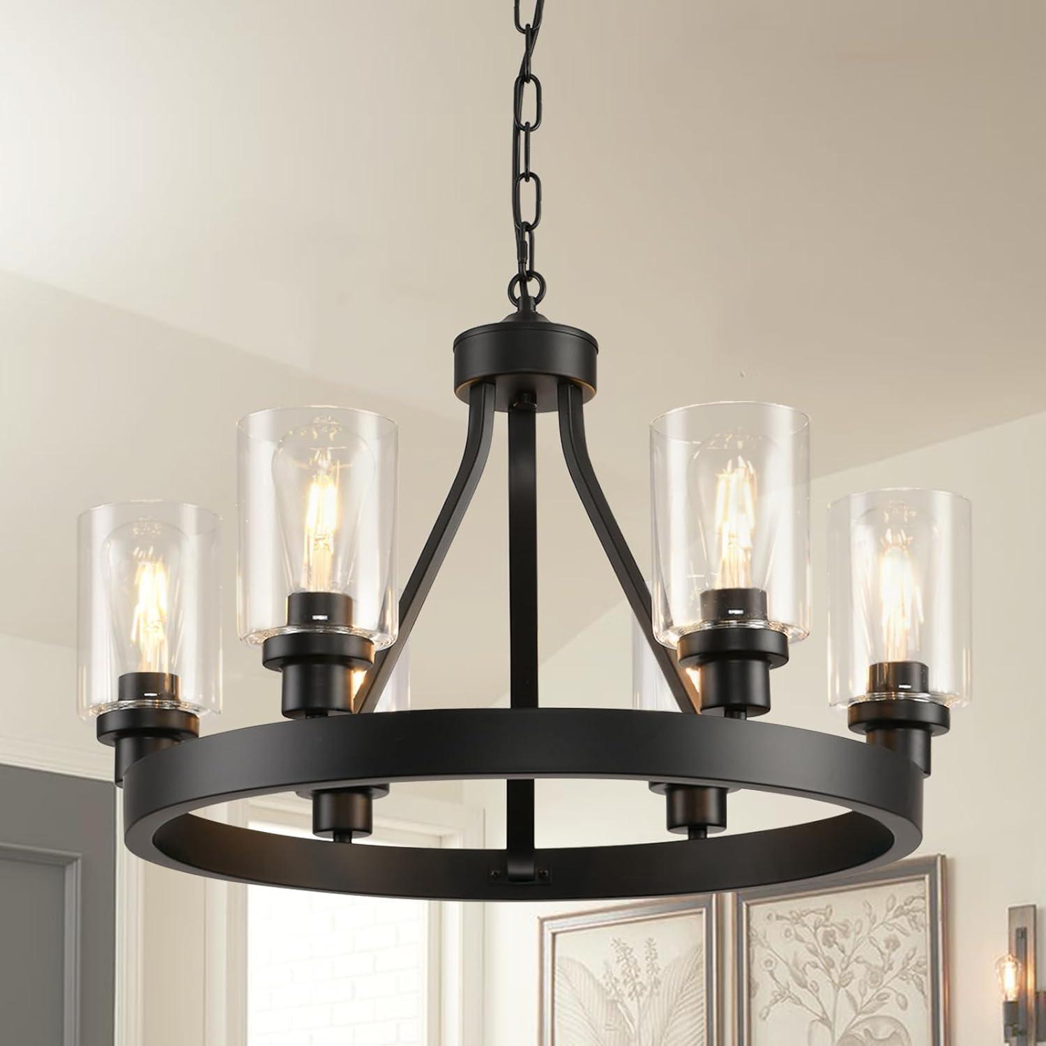 24'' Round Wagon Wheel 6-Light Chandelier Hanging Glass Pendant Light - N/A Black