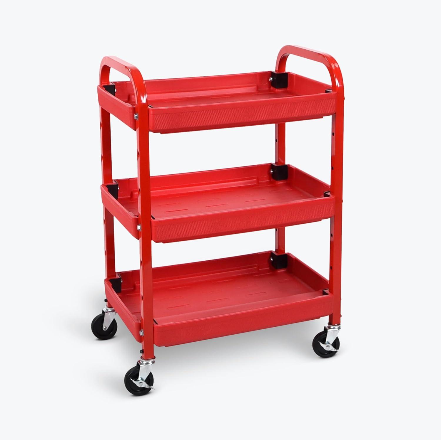 Red Adjustable 3-Shelf Utility Cart with Lockable Wheels