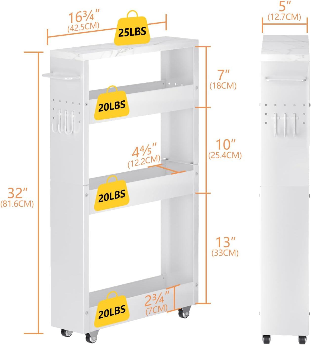 White Slim 4-Tier Metal Rolling Storage Cart with Handle & Wheels