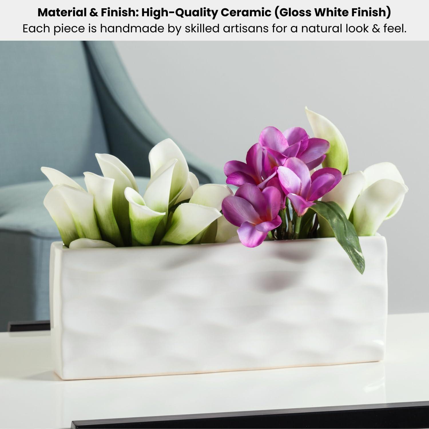 Elegant Glossy White Ceramic Rectangular Vase for Faux or Fresh Bouquets