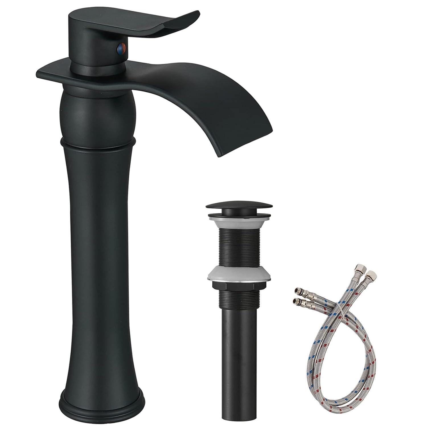 Homevacious Bathroom Vessel Sink Faucet Waterfall,Matte Black Bathroom Faucet Single Handle,Single Hole Bowl Vanity Sink Faucet,with Pop Up Drain and Supply Lines,Commercial Lavatory Mixer Tap