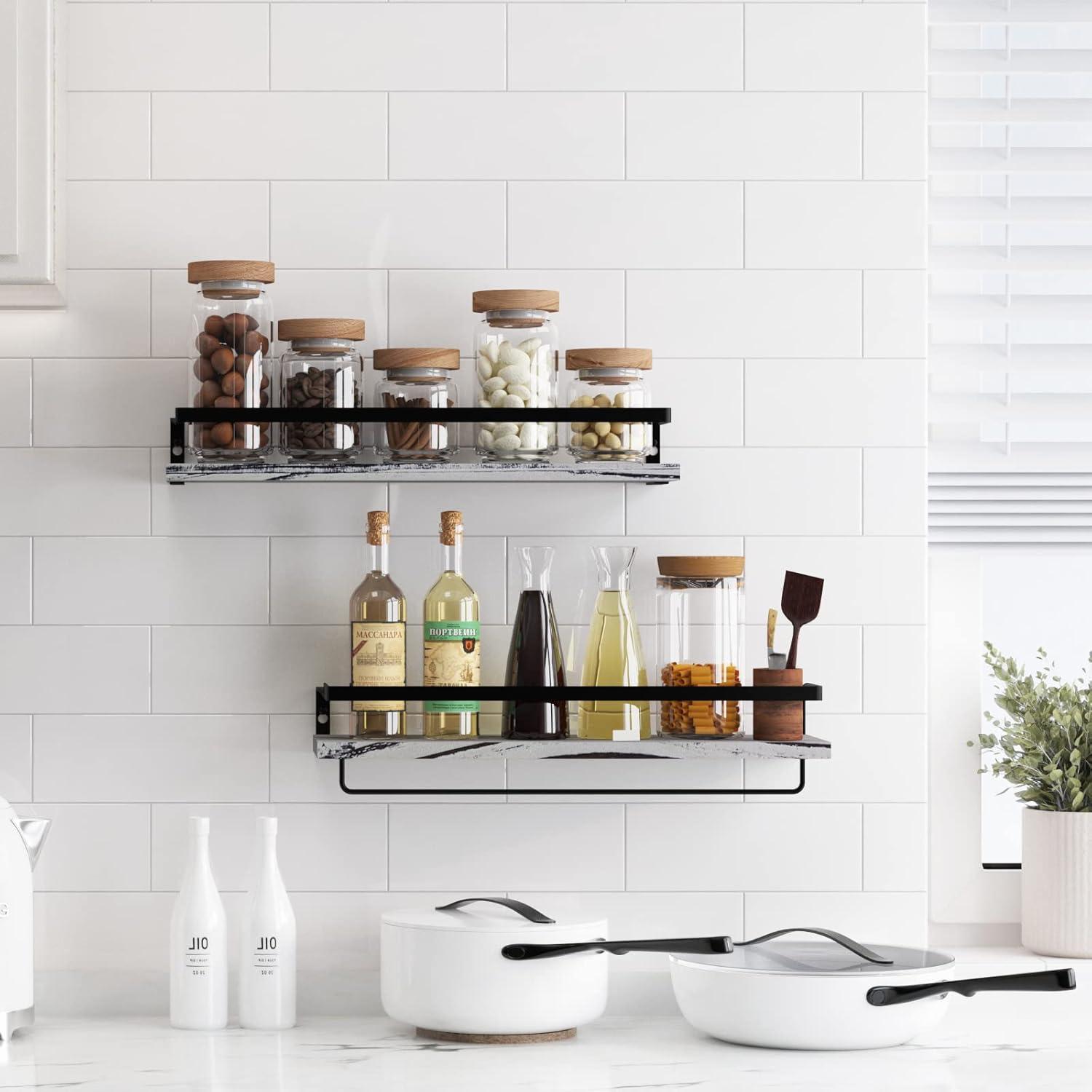 Rustic Grey Pine Wood Floating Wall Shelves with Towel Holder