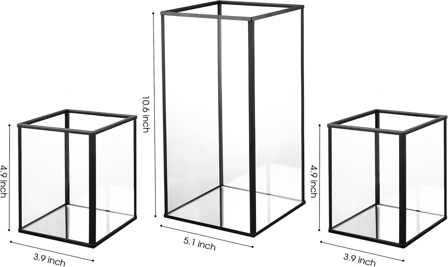Phosphor Small Hurricane Candle Holder Set of 3 Pieces, Black Glass Candle Holder for Wedding, Party, Holiday.