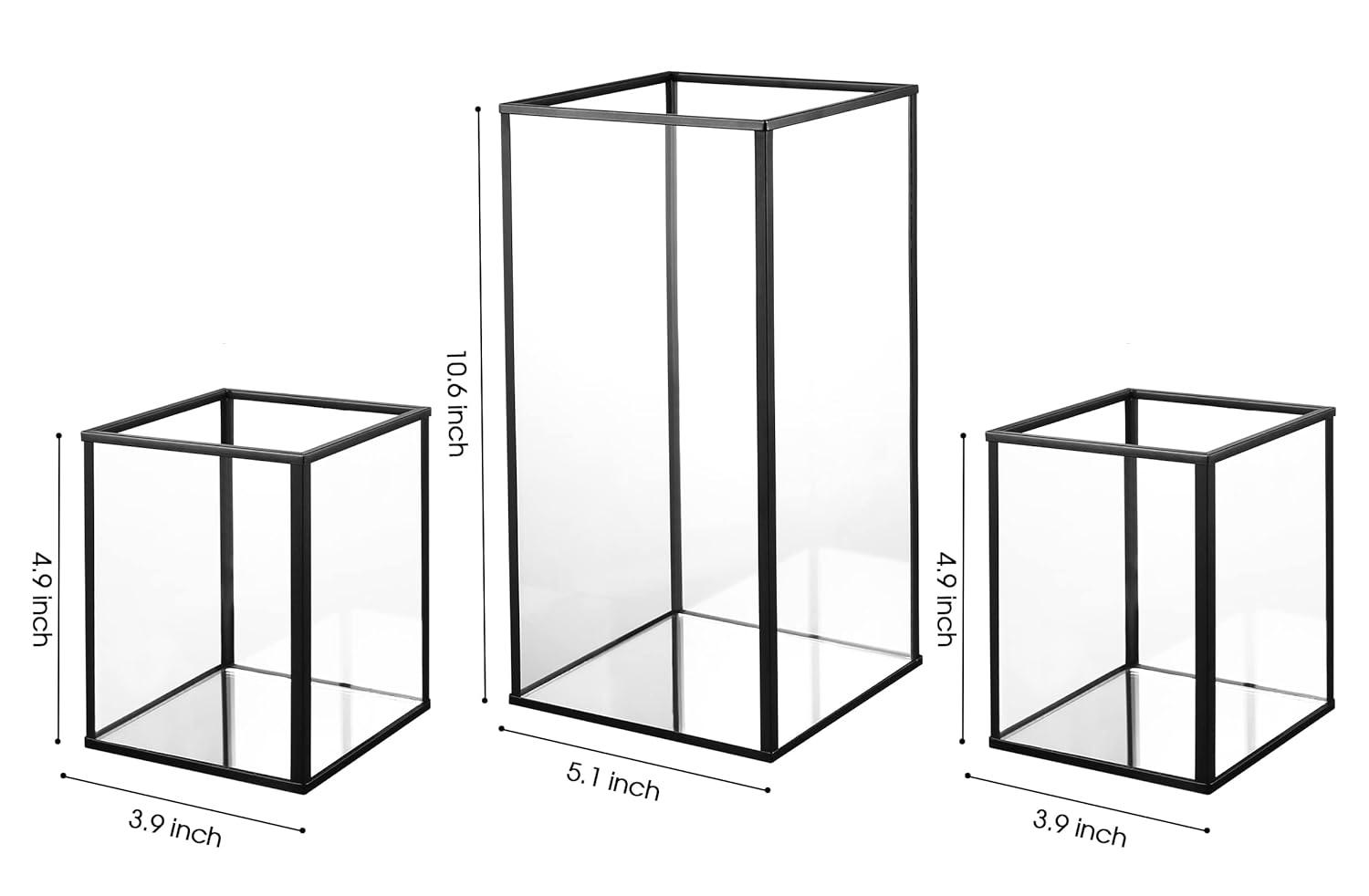 Phosphor Small Hurricane Candle Holder Set of 3 Pieces, Black Glass Candle Holder for Wedding, Party, Holiday.