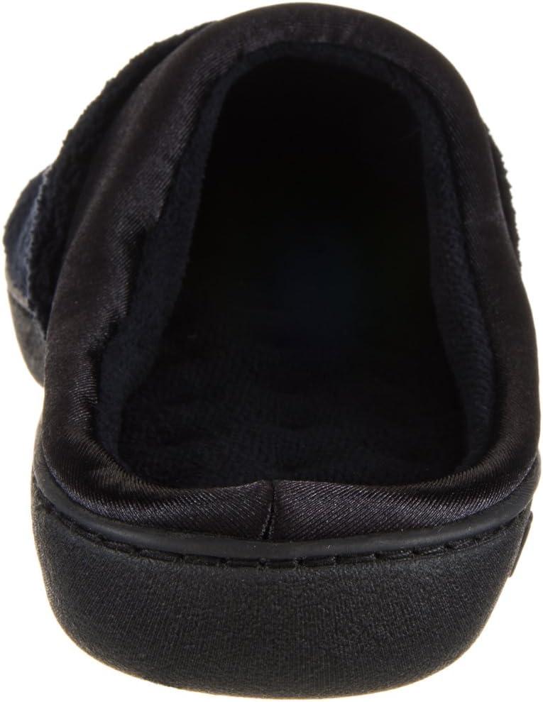 Isotoner Women's Terry and Satin Slip on Cushioned Slipper with Memory Foam for Indoor/Outdoor Comfort Flat Sandals BLK-8/9