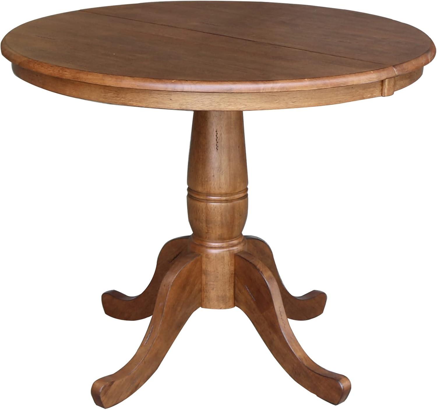 Keanan Round Top Pedestal Table with 12" Drop Leaf Distressed Oak - International Concepts