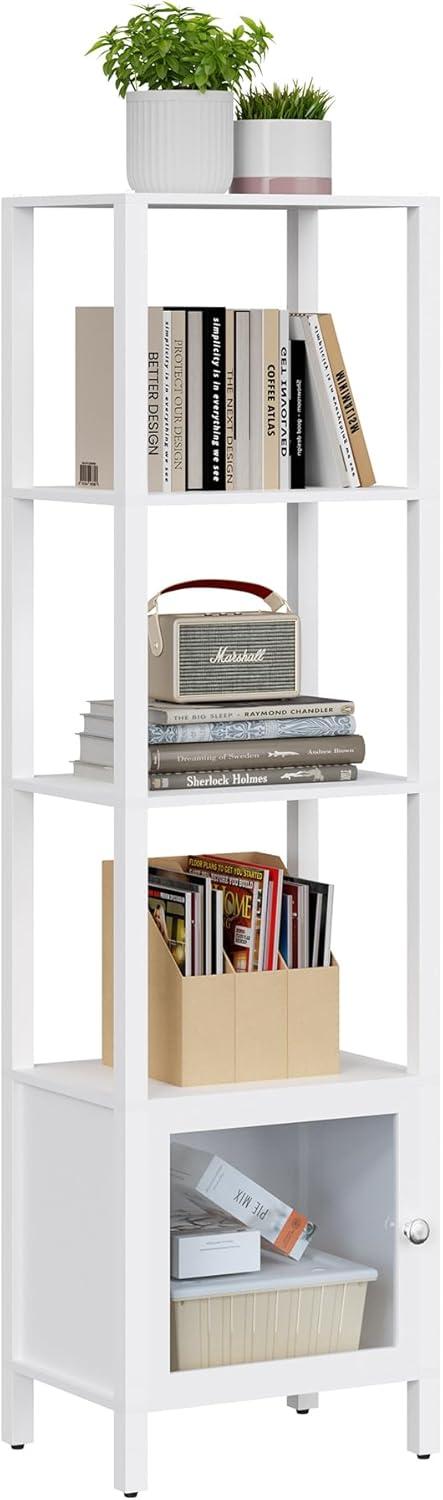 TUTOTAK 5 Tier Bookcase and Bookshelf, Narrow Book Shelf with Door for Small Space, for Living Room, Office, Study, Entryway, White BS03BW005