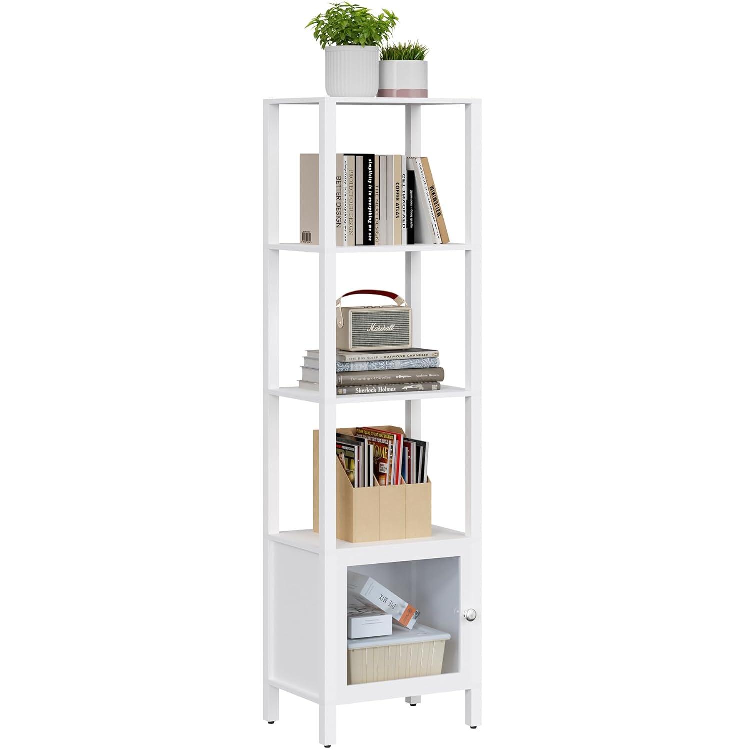 TUTOTAK 5 Tier Bookcase and Bookshelf, Narrow Book Shelf with Door for Small Space, for Living Room, Office, Study, Entryway, White BS03BW005