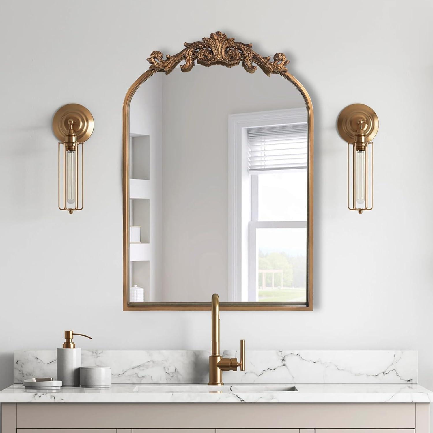 BohoBliss 24"X36" Gold Vintage Mirror for Wall, Antique Arch Mirror, Victorian Ornate Baroque Mirror for Wall, Mantel, Fireplace, Living Room, Hallway, Bathroom, Bedroom, Entryway