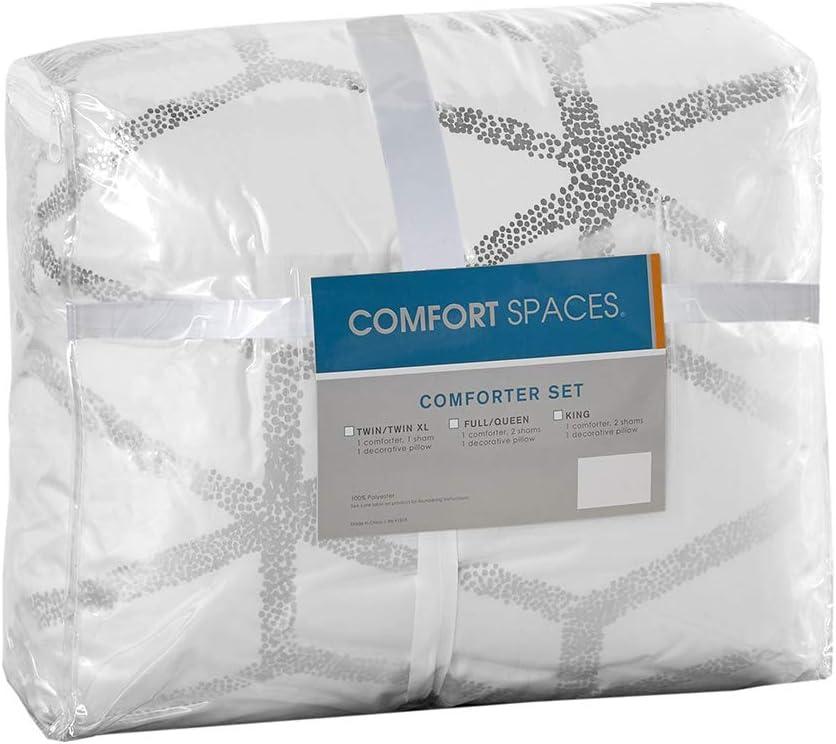 Comfort Spaces Twin/Twin XL Size Comforter Sets, 3-Piece Bedding Set for All Season, White and Silver Comforter Bed Set for College Dorm, Geometric Metallic