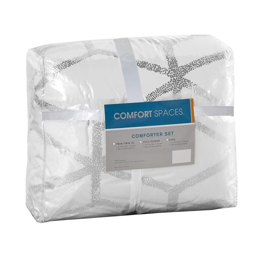 Comfort Spaces Twin/Twin XL Size Comforter Sets, 3-Piece Bedding Set for All Season, White and Silver Comforter Bed Set for College Dorm, Geometric Metallic
