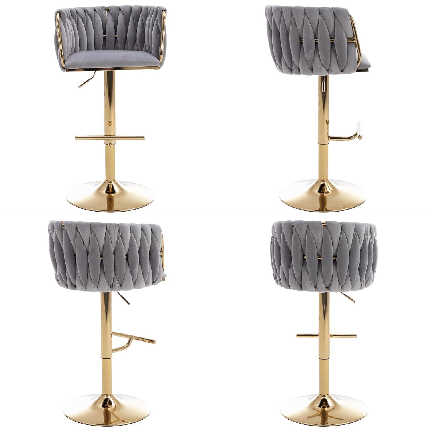 Velvet Bar Stools Set of 2, Counter Height Bar Stools with Low Back, Gold Swivel Barstools for Kitchen Island, Bar Pub (Grey)