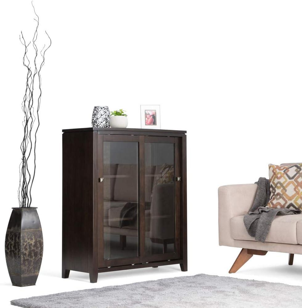 Simpli Home Cosmopolitan 36"W Solid Wood 4-Shelf Contemporary Medium Storage Cabinet with Sliding Glass Doors