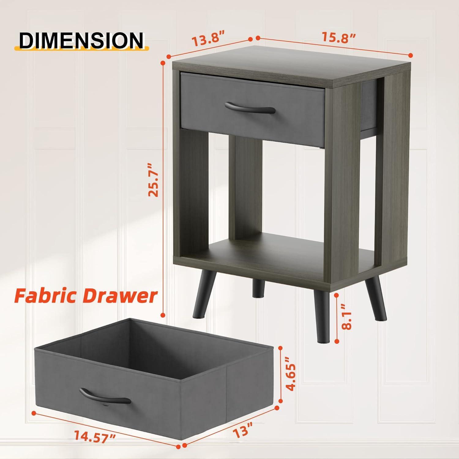 Nightstands Set Of 2 With Fabric Storage Drawer And Open Wood Shelf, Side Table With Storage For Bedroom, Bedside Tables - 23.7" H