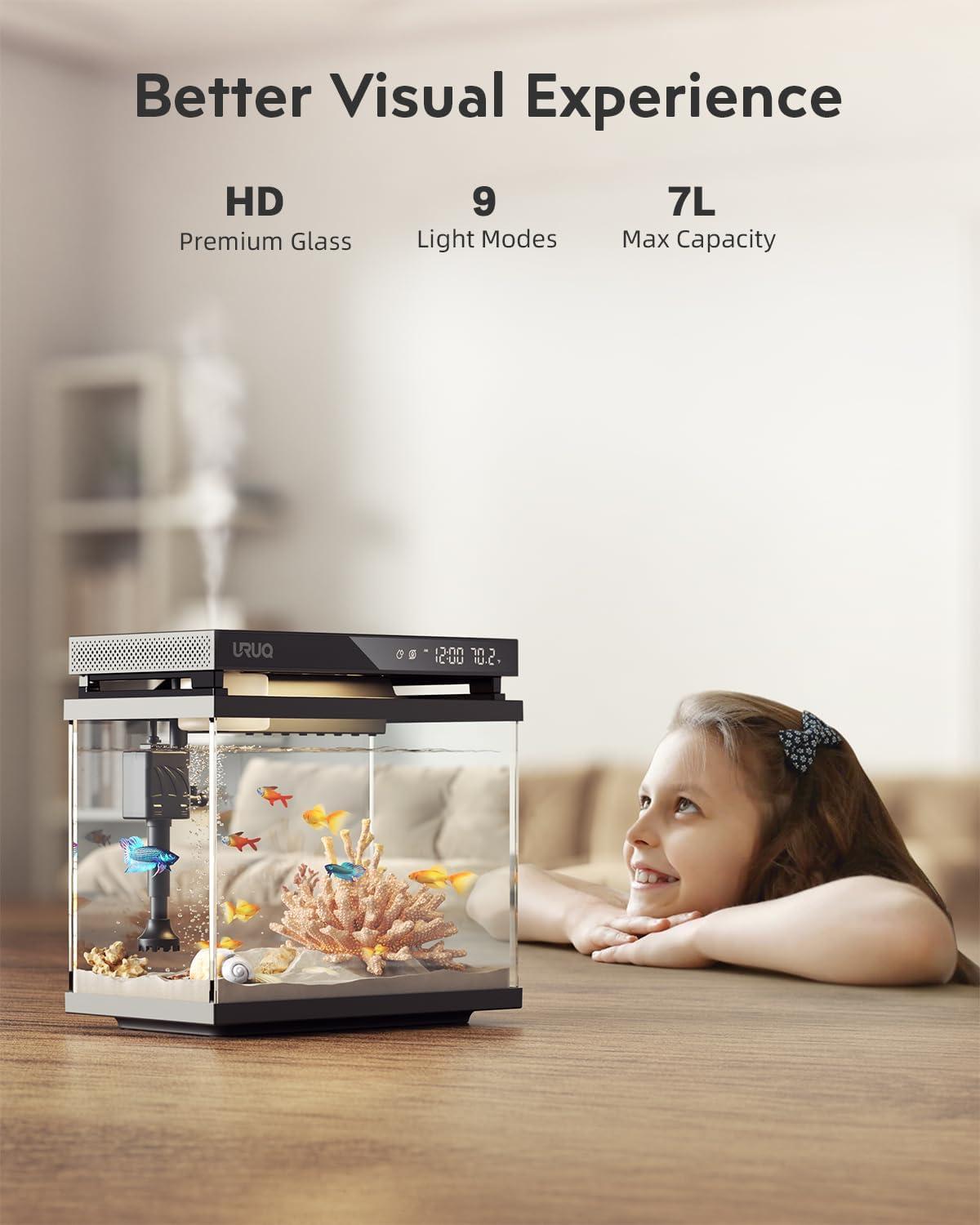 Latitude Run® Fish Tank Smart Aquarium Kit: 2 Gallon UHD Glass Silent Water Pump Self Cleaning Multi Layer Filtration System - Temperature Sensing 7-Color Lighting For Small Fish Betta Kids Room Desktop Decor