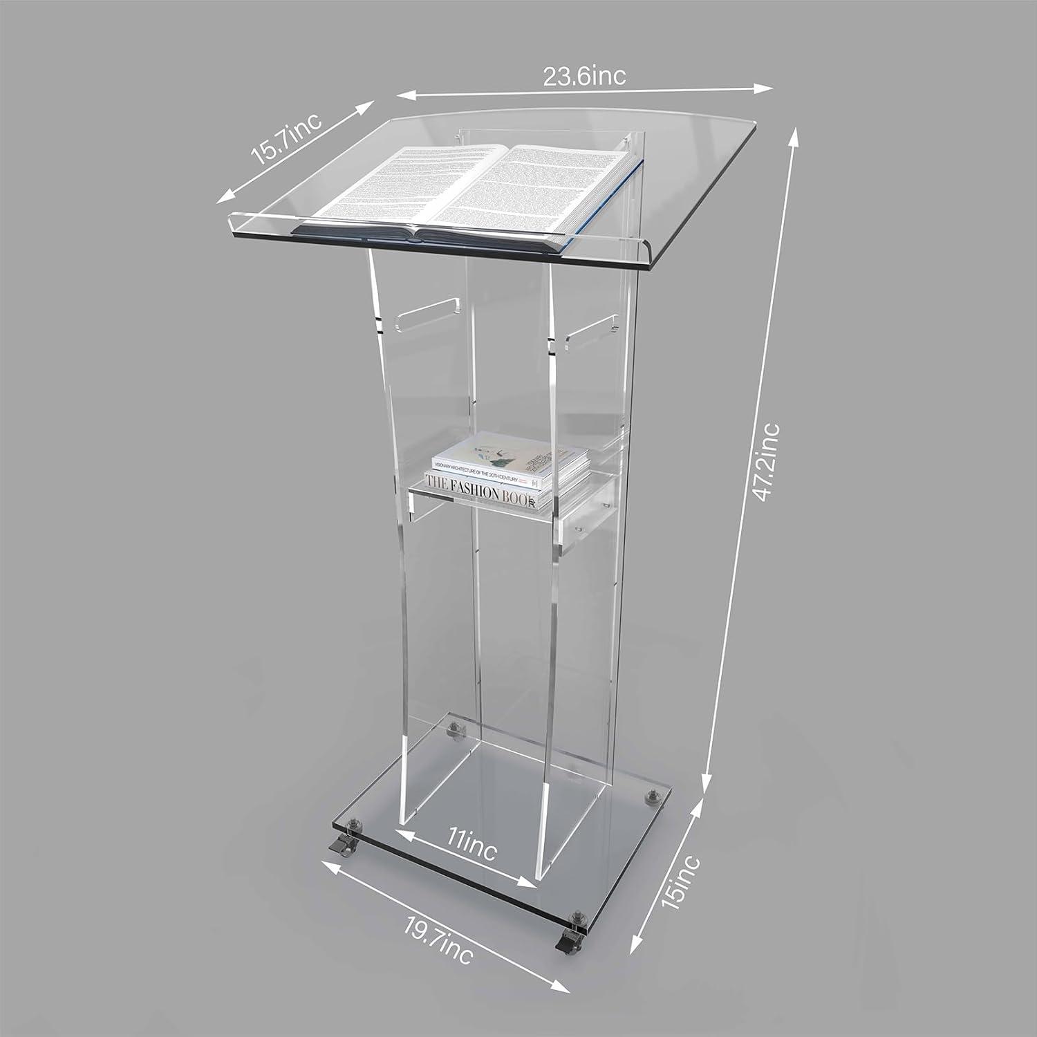 BENTISM Acrylic Podium Acrylic Pulpit 47" Acrylic Podium Stand w/ Wide Reading Surface Storage Shelf Floor-Standing Plexiglass Lectern Stand-Up Podium Conference Lectern for Church Office School White