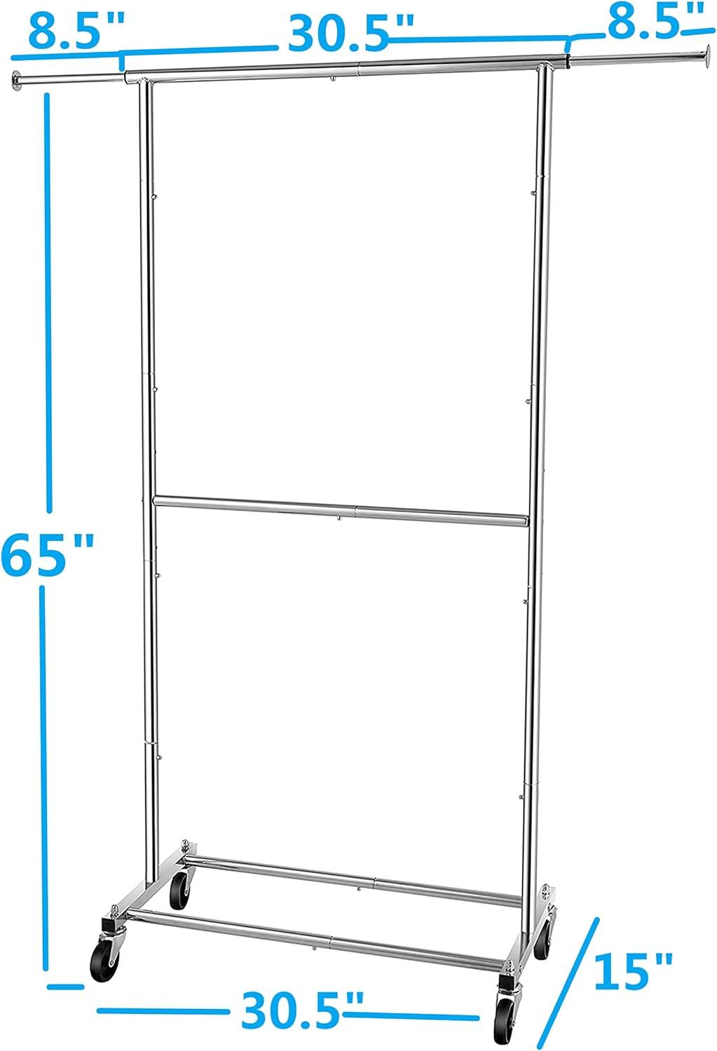 Chrome Double Rod Rolling Garment Rack with Adjustable Height