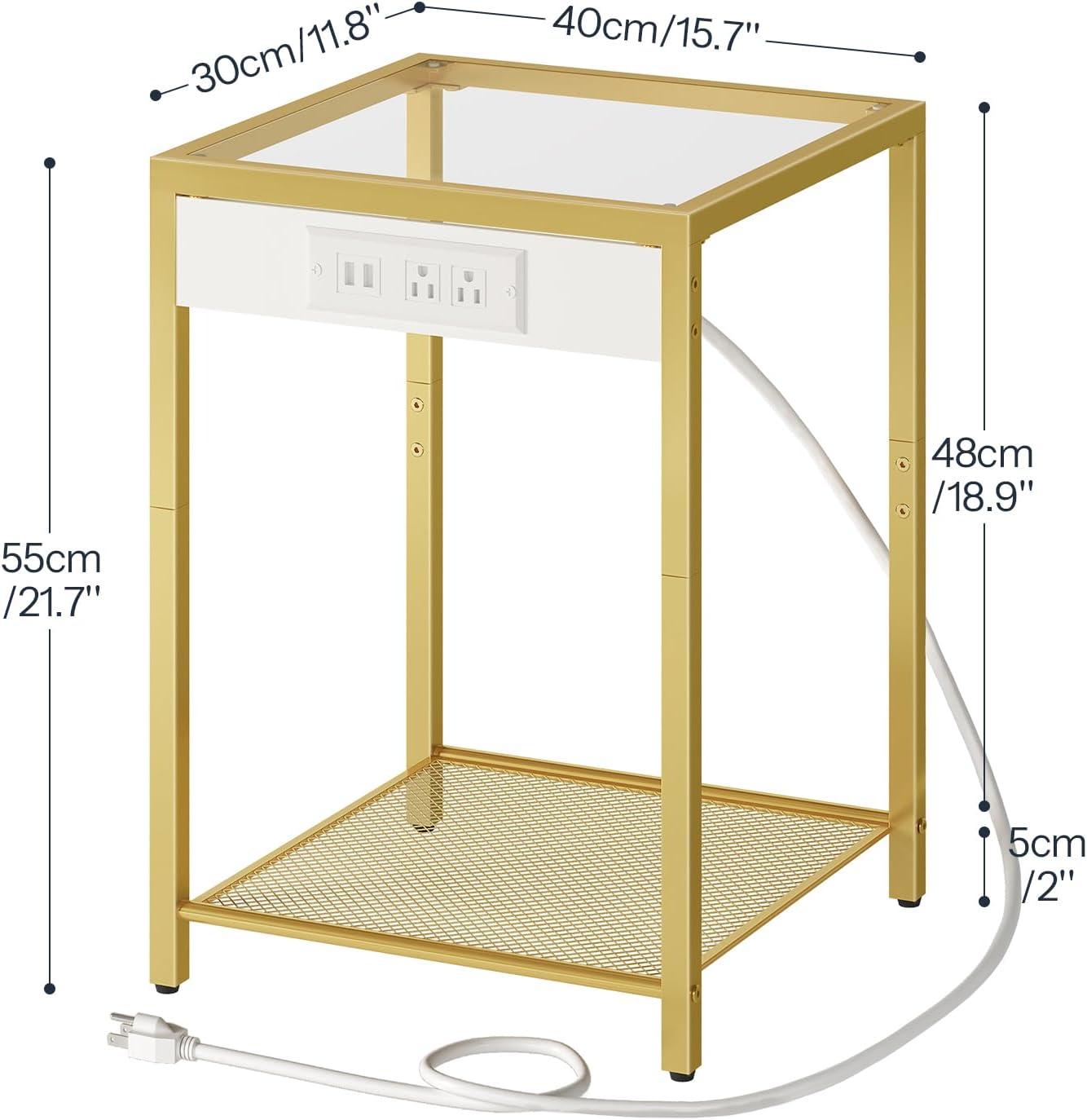 Side Table with Charging Station, Set of 2 End Tables with USB Ports, Nightstand for Tight Spaces, Tempered Glass, Modern Metal Frame, for Office, Bedroom, Living Room, Gold