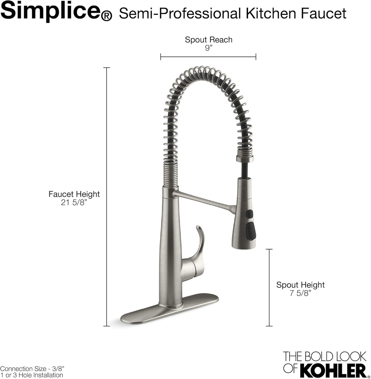 Kohler Simplice Single Handle Semi-Professional Pre-Rinse Kitchen Sink Faucet with Three-Function Pull Down Sprayer