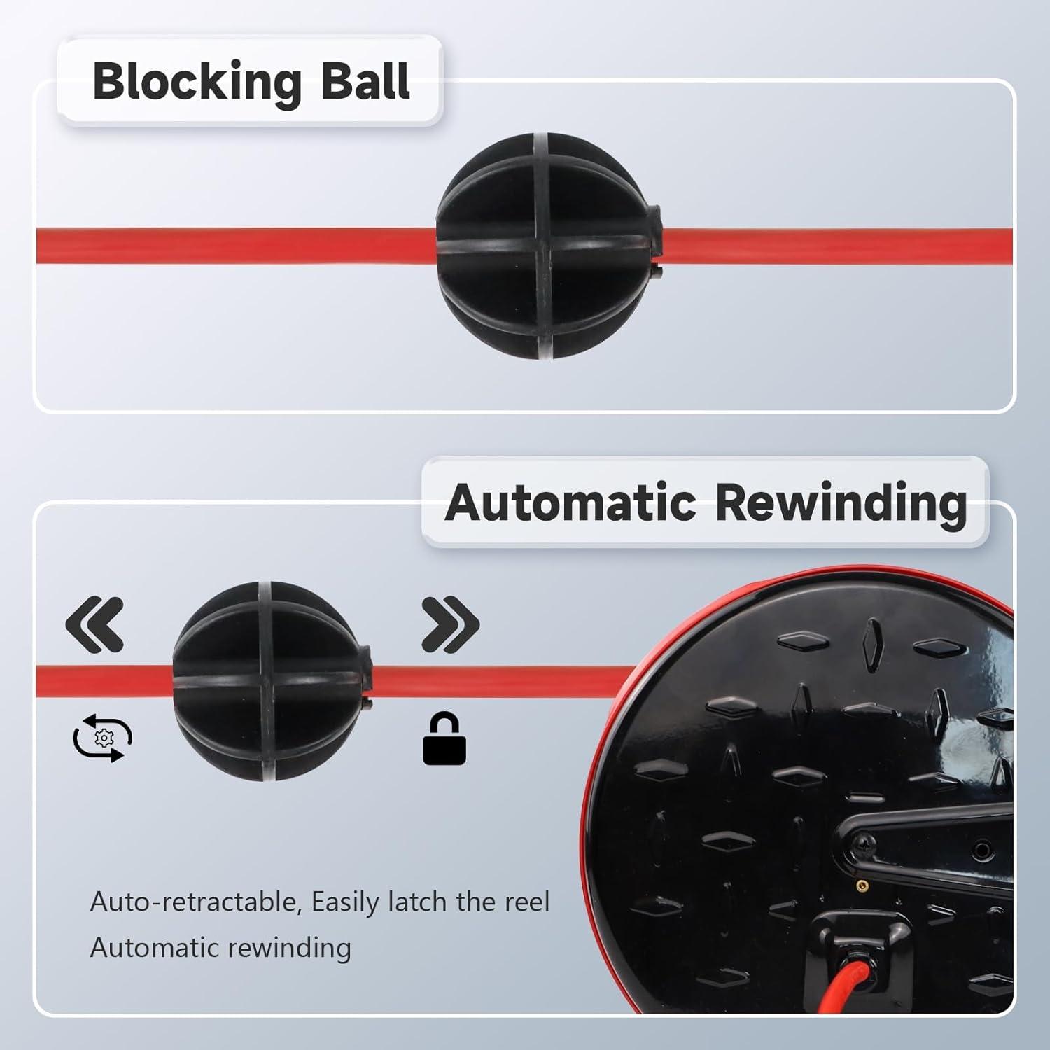 EP 30 Ft Retractable Extension Cord Reel, 16/3 SJTW Power Cord with 3 Electrical Outlets, Ceiling or Wall Mount, 10 Amp Circuit Breaker, Metal Plate, UL Listed, Red