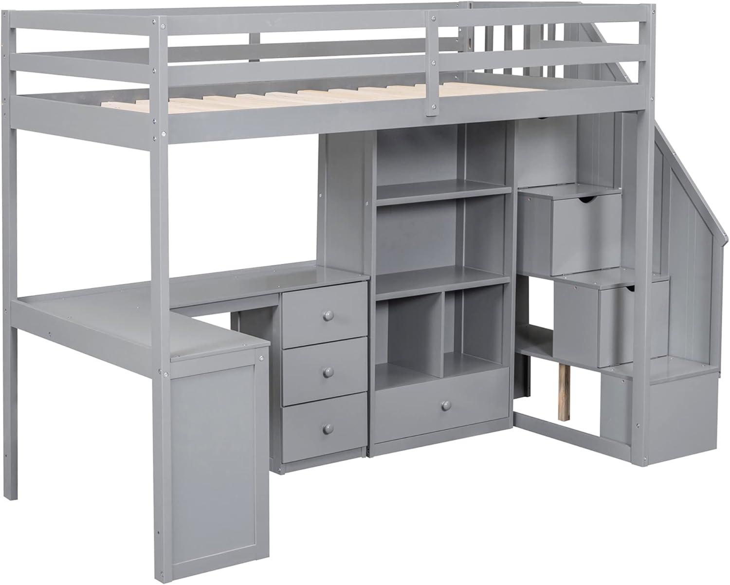 Twin Size Loft Bed with Staircase and L-Shaped Desk, Wooden Loft Bed with Storage Shelves and Drawers, Twin Loft Bunk Bed Frame for Kids Boys Girls Teens, No Box Spring Needed (Gray)