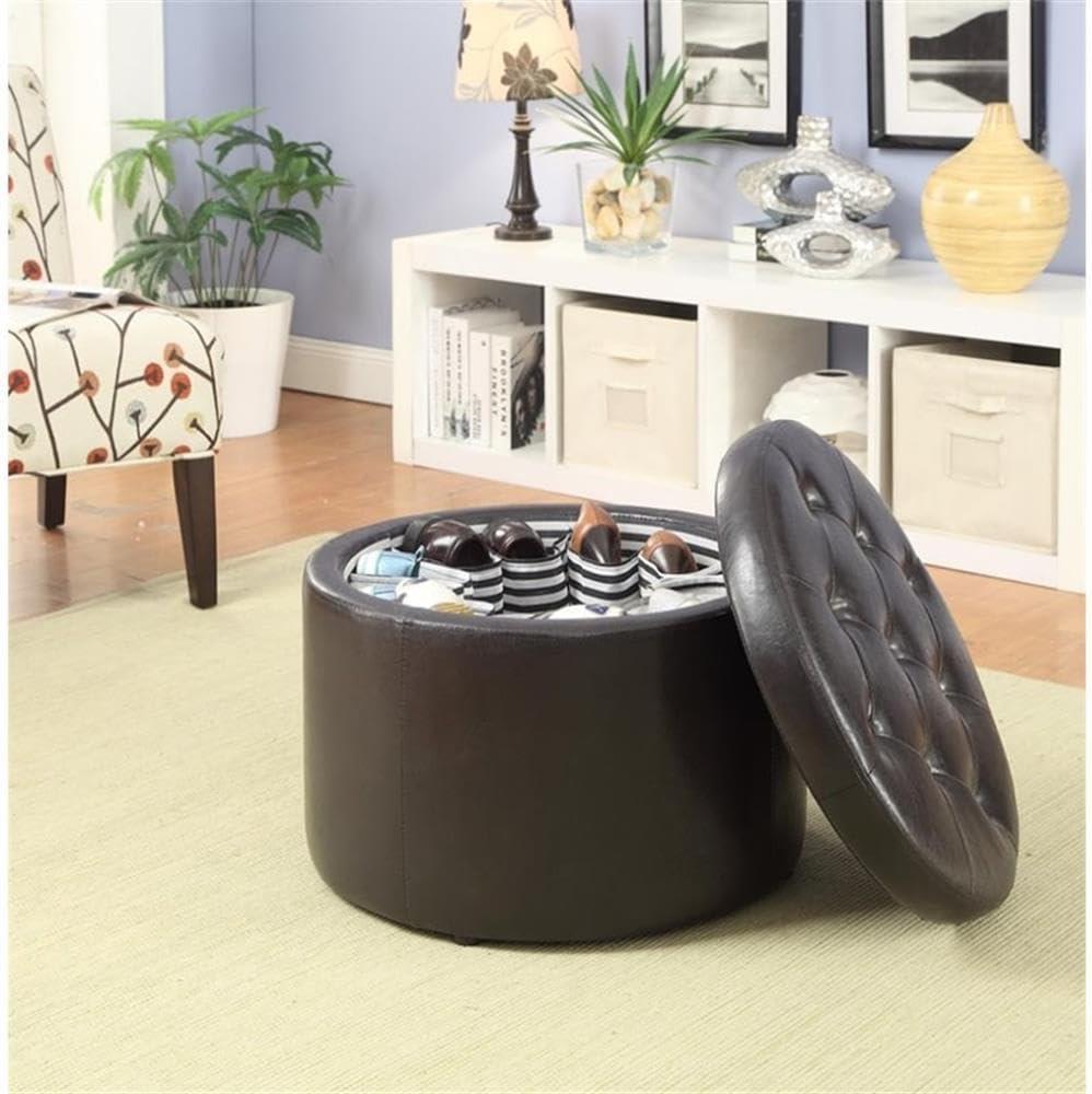 Convenience Concepts Designs4Comfort Round Shoe Storage Ottoman, Espresso Faux Leather