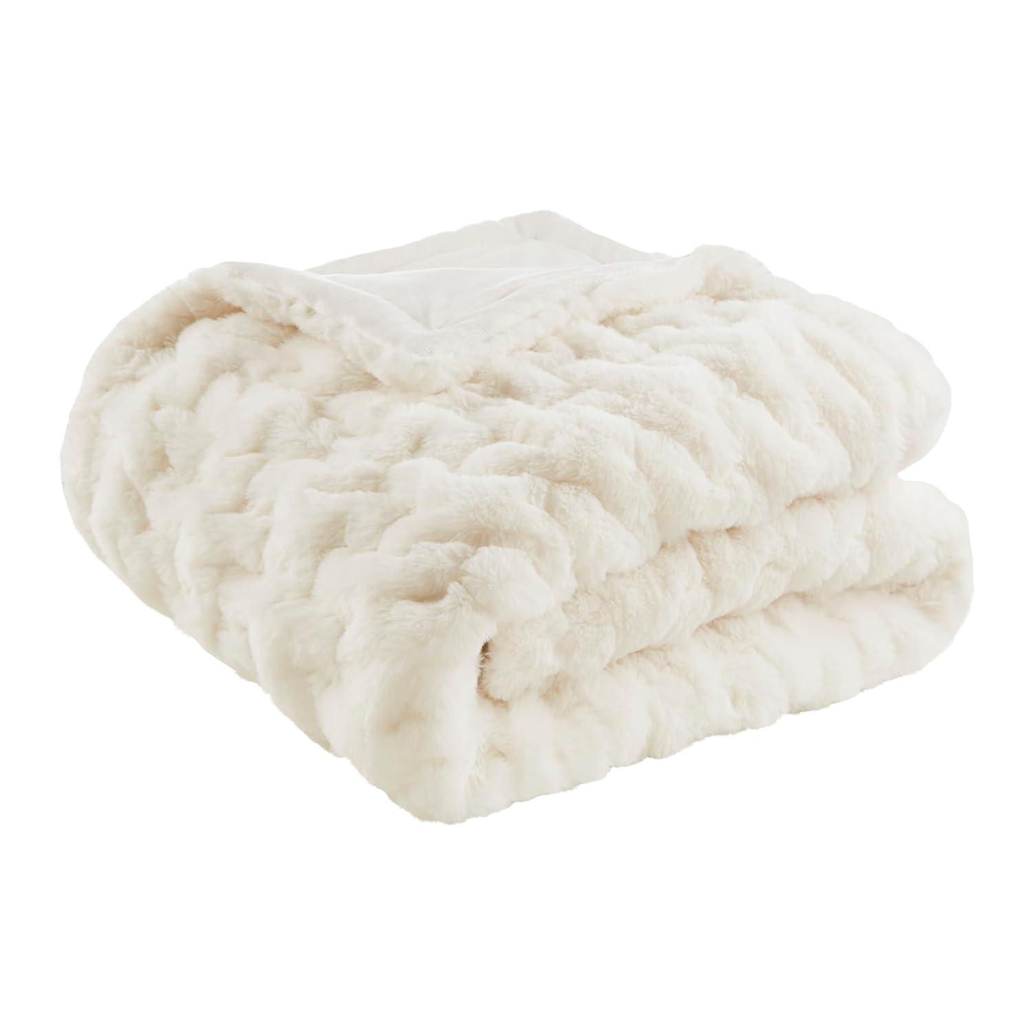 Madison Park Ivory Ruched Fur Throw 50x60"
