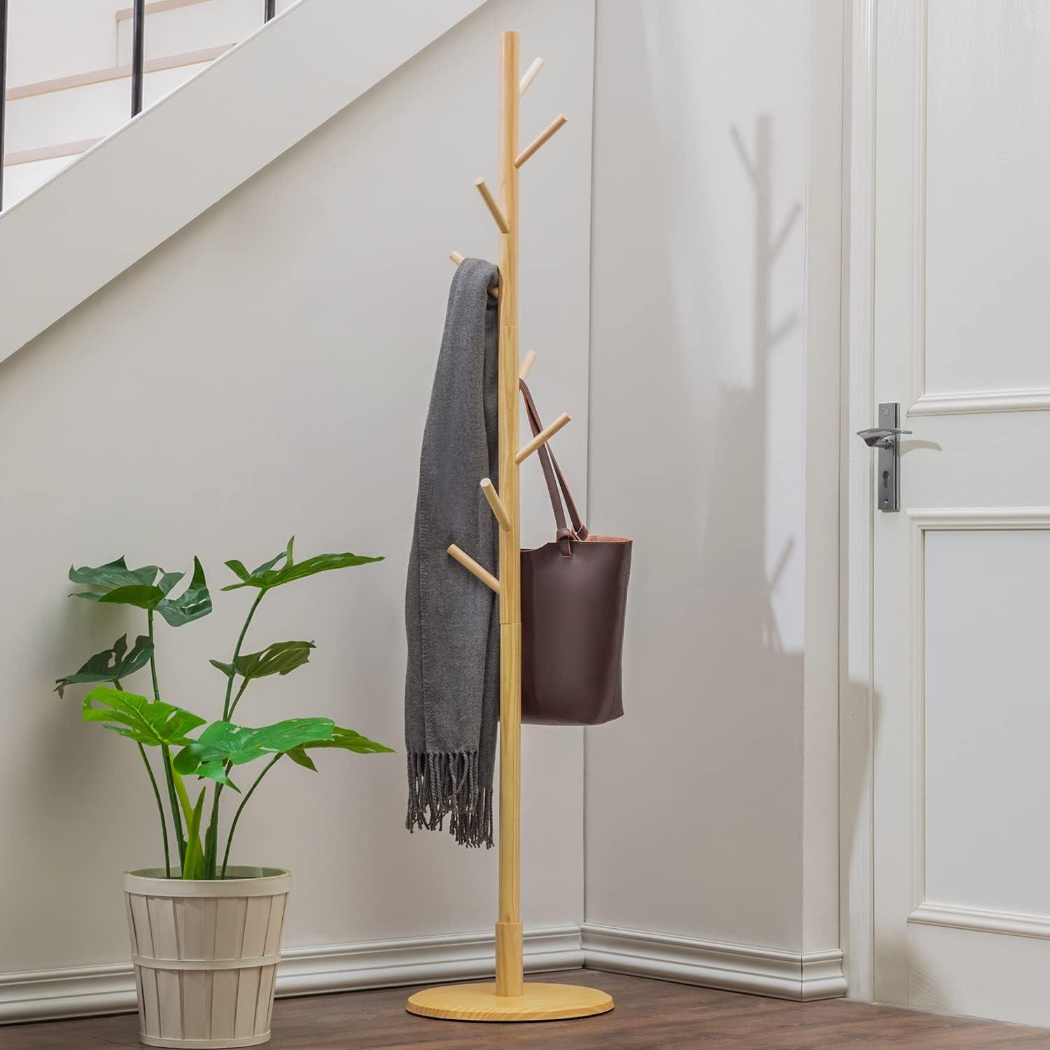 Natural Polished Wood Freestanding Coat Rack with Umbrella Stand