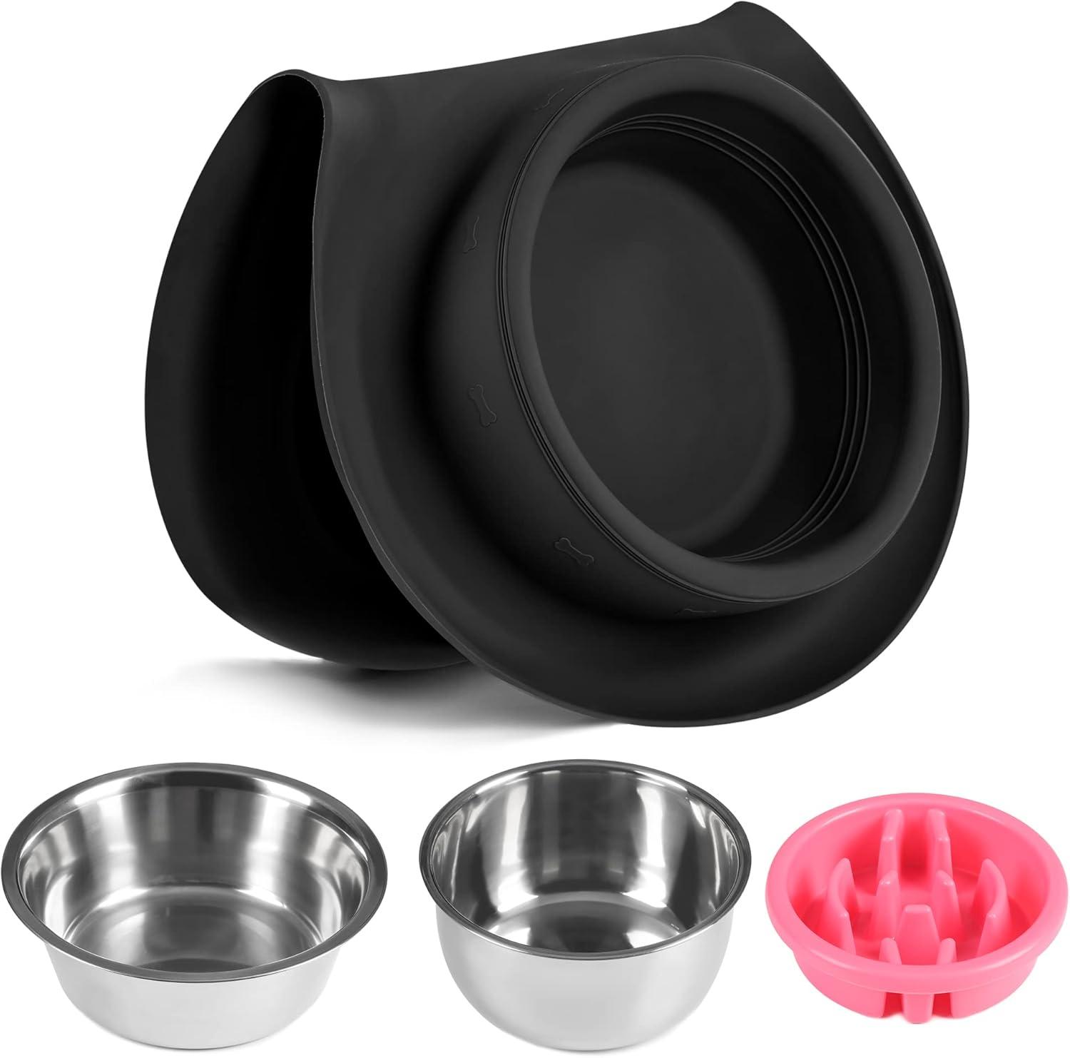 100% Waterproof BPA Free Pet Dog Bowls2 Stainless Steel（53oz+27oz） with 1.35“ Raised Edge Silicone Mat + Slow Feed Dog Water and Food Bowls for Feeding Small Large Dogs Cats Puppies (Black)