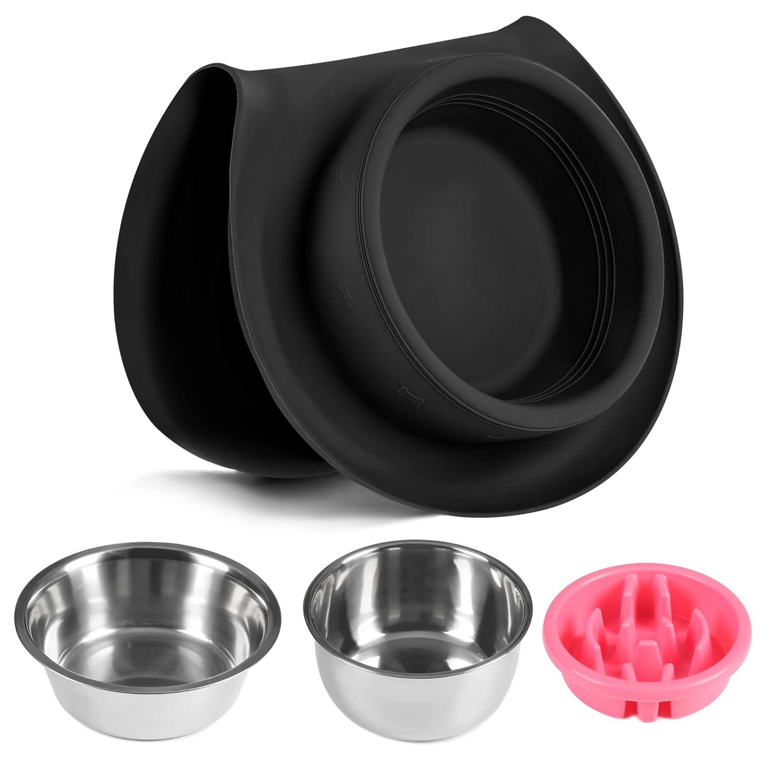 100% Waterproof BPA Free Pet Dog Bowls2 Stainless Steel（53oz+27oz） with 1.35“ Raised Edge Silicone Mat + Slow Feed Dog Water and Food Bowls for Feeding Small Large Dogs Cats Puppies (Black)