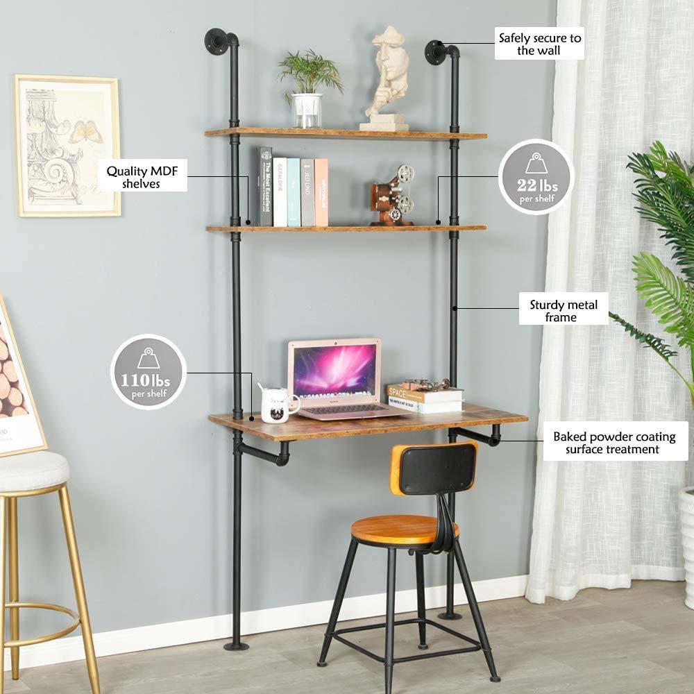ZIOTHUM Industrial Wall Mount Desk with Shelves, Ladder Style Computer Laptop Desk, Floating Table with Storage, Industrial Pipe Bookcase for Home Office (36x20x81)