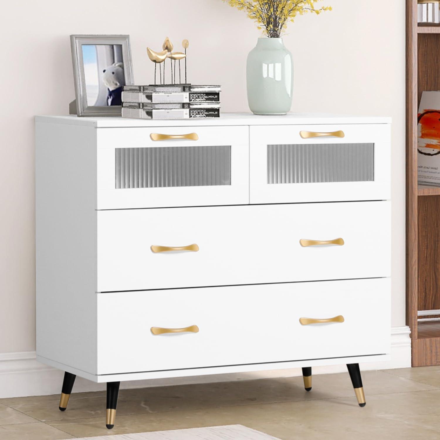 Small White Modern Dresser with Gold Handles and Glass Panels