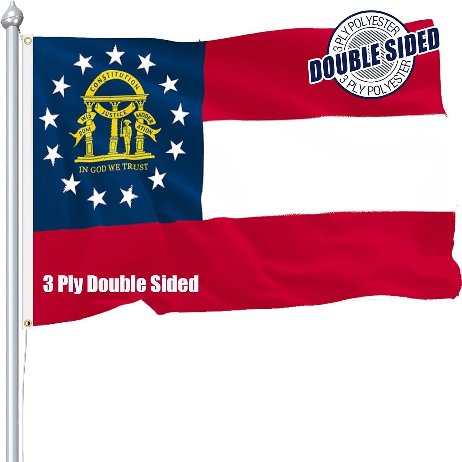 Georgia State Flag 3x5 ft, 3 Ply Polyester Double Sided GA Flag with Vibrant Print/4 Rows Hemming/Brass Grommets