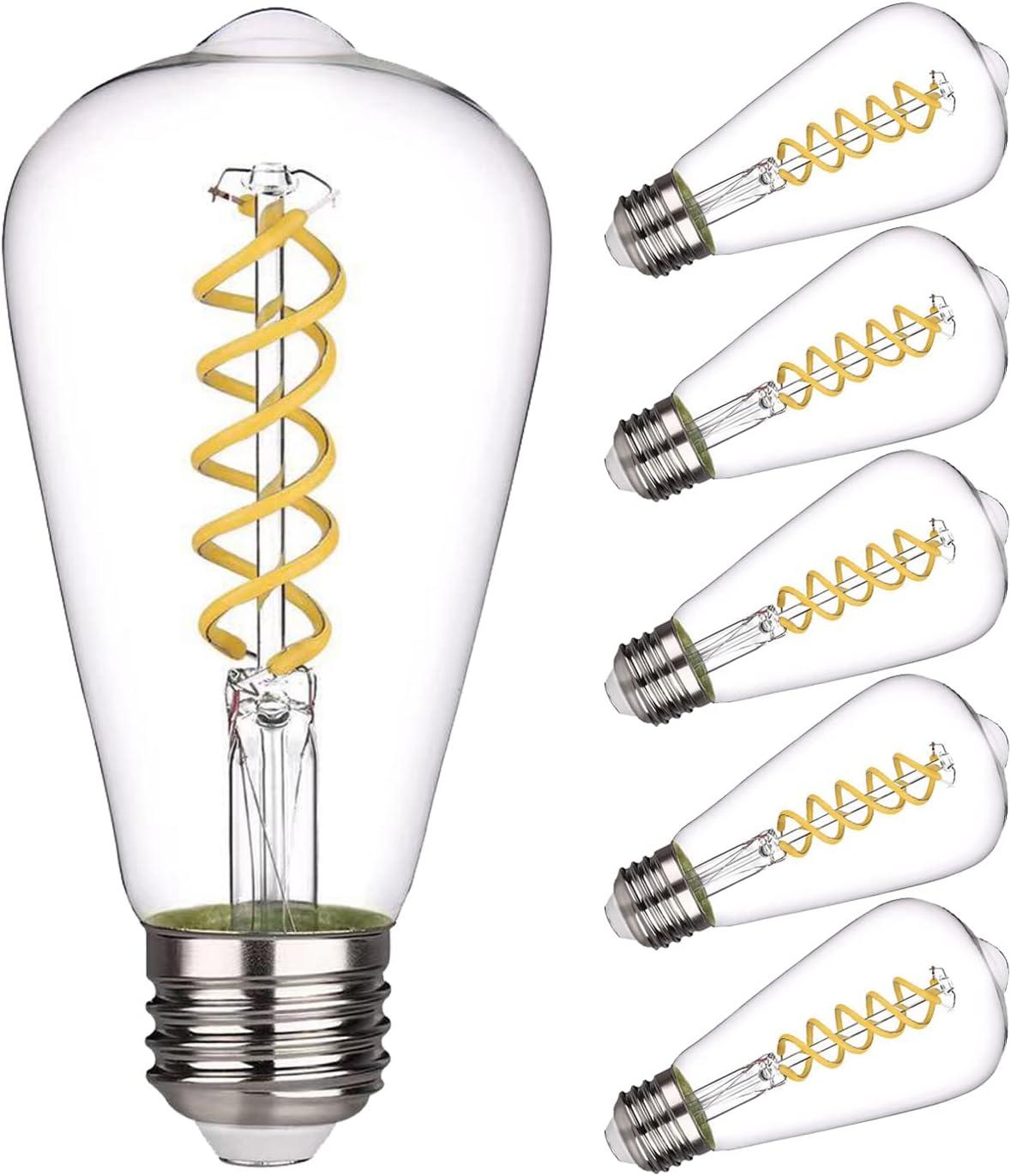 6 Pack ST19 ST58 Edison Bulb, Vintage LED Filament Bulb,Softy White 2700K, Antique Flexible Spiral LED Filament Light Bulb, Dimmable 600LM, 6W Equivalent to 60W, E26 Base,Clear Glass