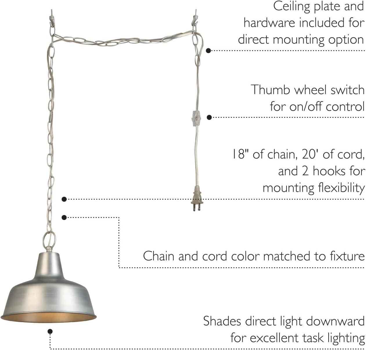 Mason Hanging Swag Light Barn Industrial Farmhouse Modern 1-Light Design House Pendant Light with Metal Shade for Living Room and Dining Room, 10 inch, Galvanized Paint Finish, 579409