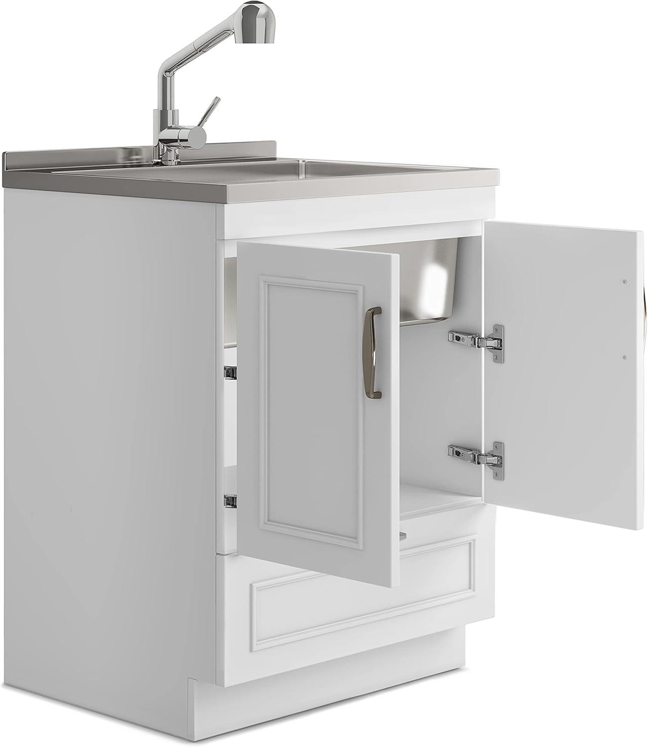 Simpli Home Cardinal Transitional 28 inch Laundry Cabinet with Faucet and Stainless Steel Sink in White