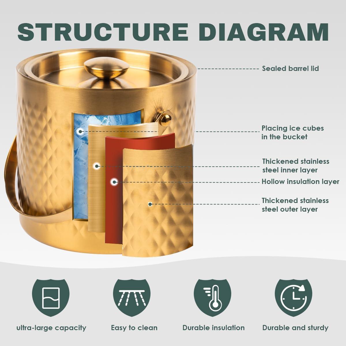 3L Double Wall Insulated Stainless Steel Ice Bucket with scoop & Strainer for Cocktail Bar,Metal Ice Bucket for freezer with Lid for parties.ice Container to Keep Ice Colder,bar cart accessories(gold)