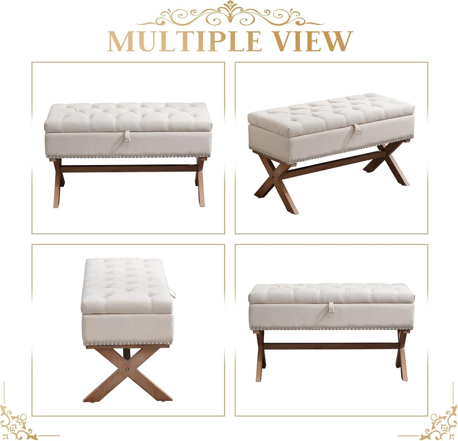 Beige Tufted Linen Storage Bench with X-Shaped Legs